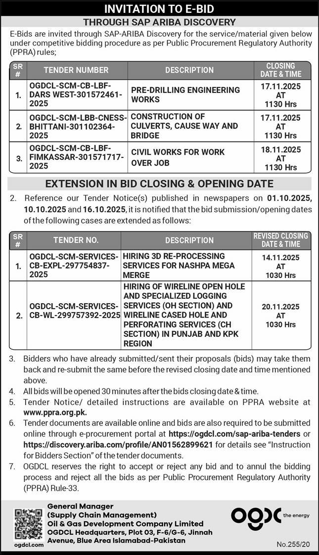 Oil & Gas Development Company Limited Islamabad Tender Notice